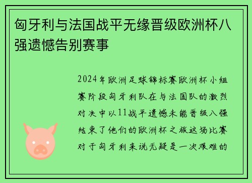 匈牙利与法国战平无缘晋级欧洲杯八强遗憾告别赛事