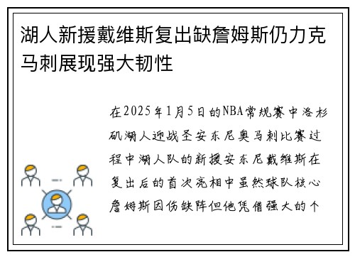 湖人新援戴维斯复出缺詹姆斯仍力克马刺展现强大韧性