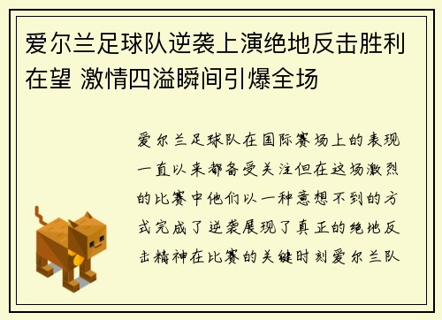 爱尔兰足球队逆袭上演绝地反击胜利在望 激情四溢瞬间引爆全场