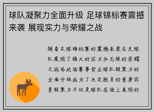 球队凝聚力全面升级 足球锦标赛震撼来袭 展现实力与荣耀之战