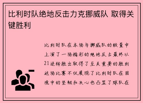 比利时队绝地反击力克挪威队 取得关键胜利